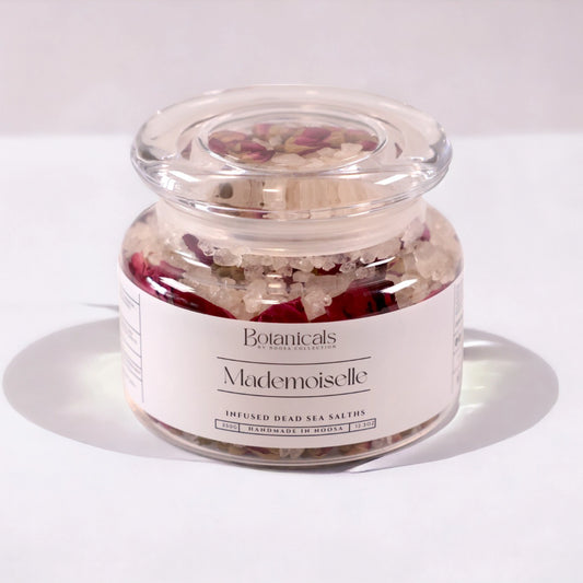 Perfect gift,Mademoiselle Botanicals' dead sea salts are infused with Ylang-ylang essential oil, rosebuds, and organic rose petals